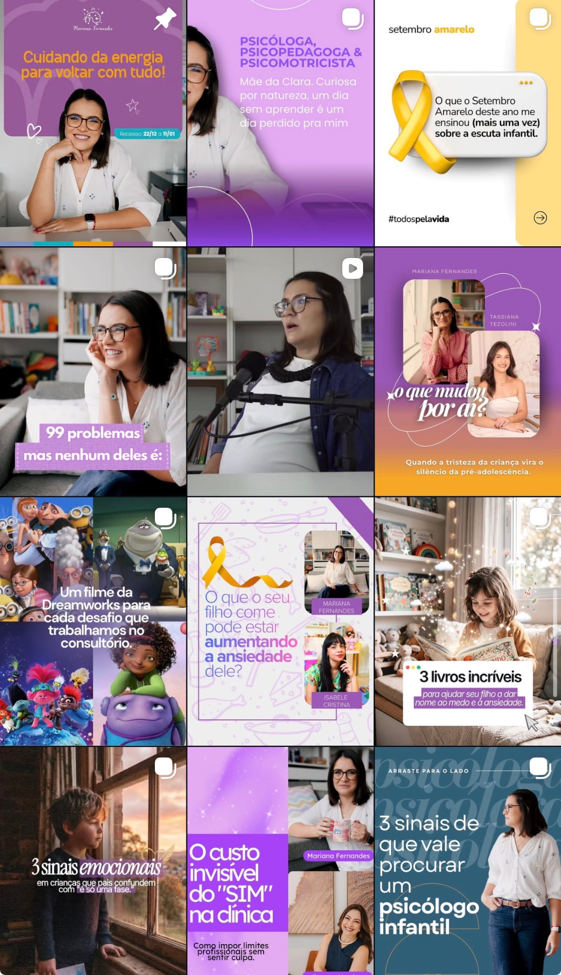 Grade de publicações do perfil da psicóloga Mariana Fernandes
